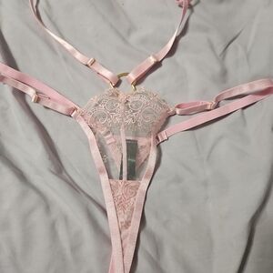 Sheer Pink Lace Strappy Thong Panty with Gold Ring Detail